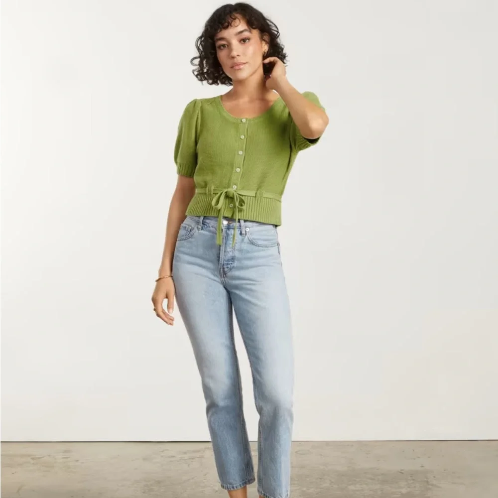 Everlane Green Puff Sleeve Cotton Sweater - Picture 3 of 8